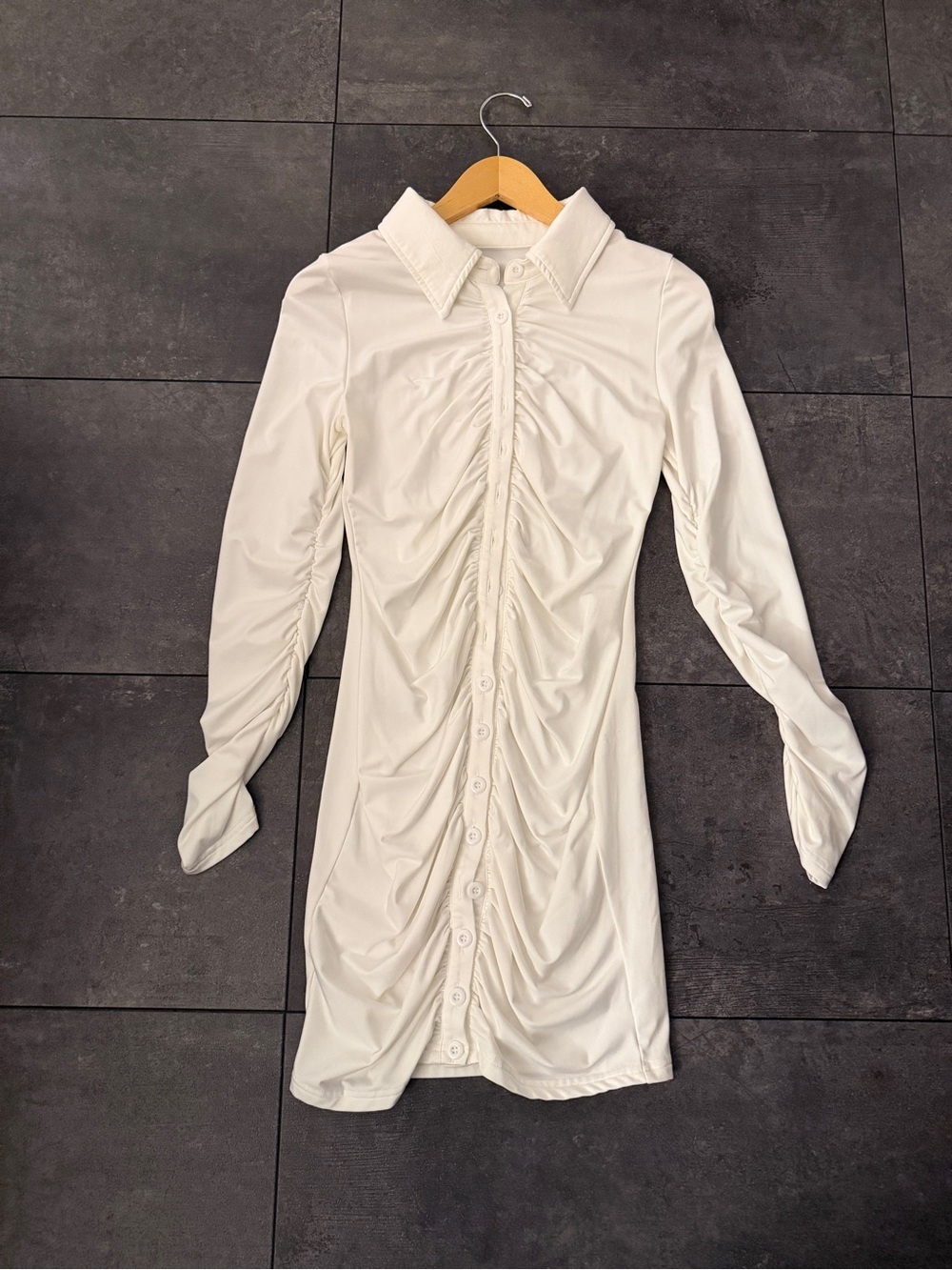 Amazon White Long Sleeve Ruched Button Shirt Dress